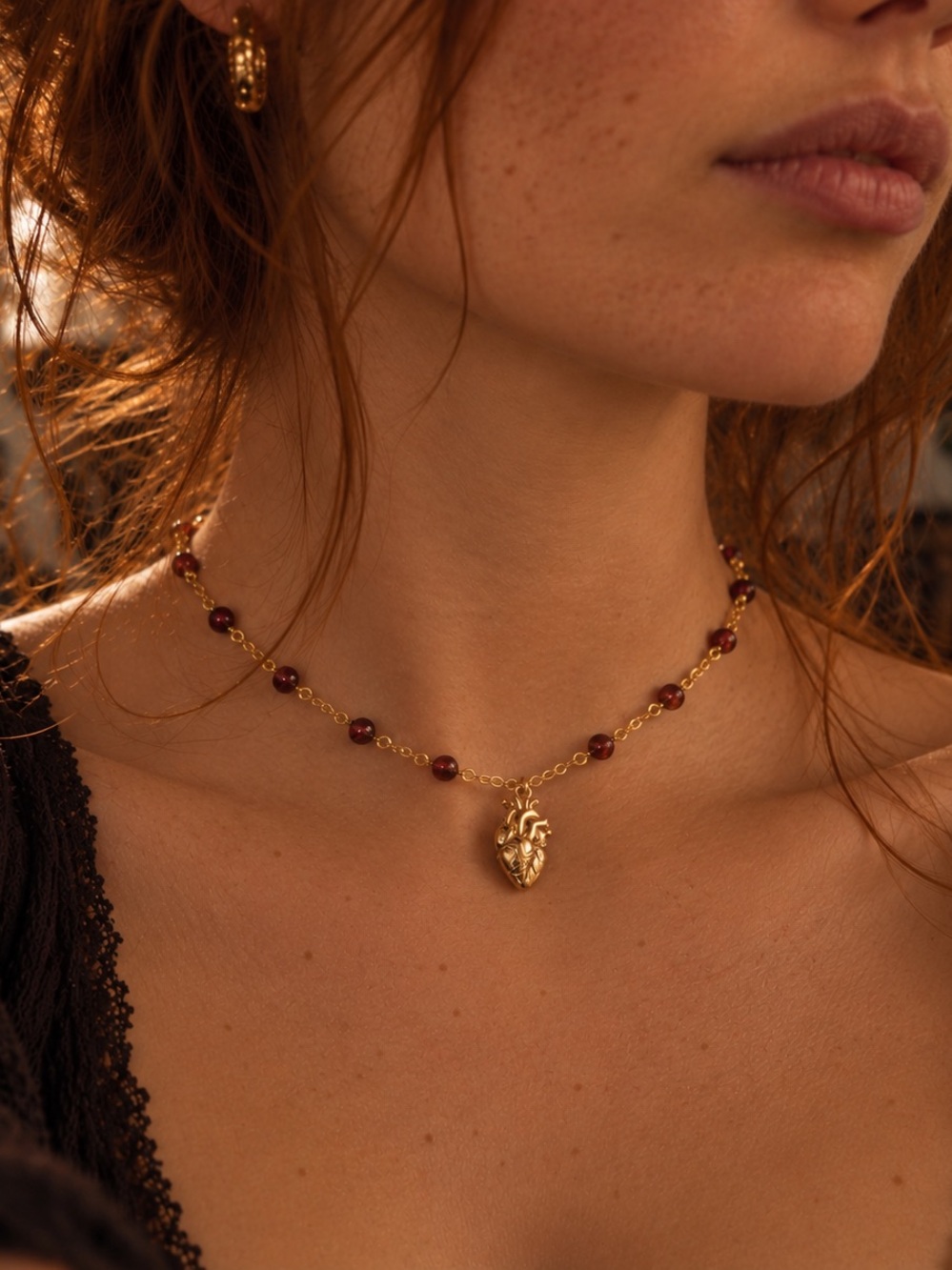 Gold filled Anatomical Heart Necklace with garnet gemstone Beads - Women Jewelry